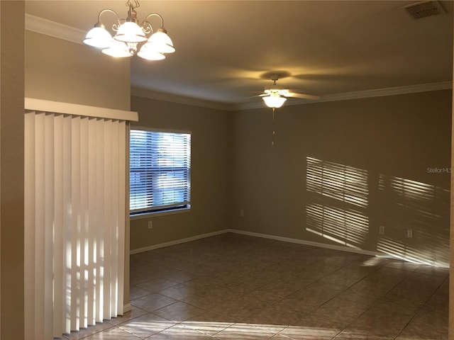 tiled empty room featuring crown molding and ceiling fan with notable chandelier