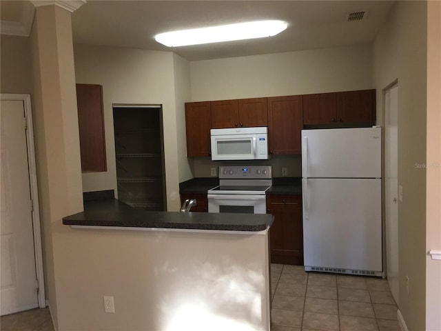 kitchen featuring kitchen peninsula, white appliances, sink, and light tile patterned flooring