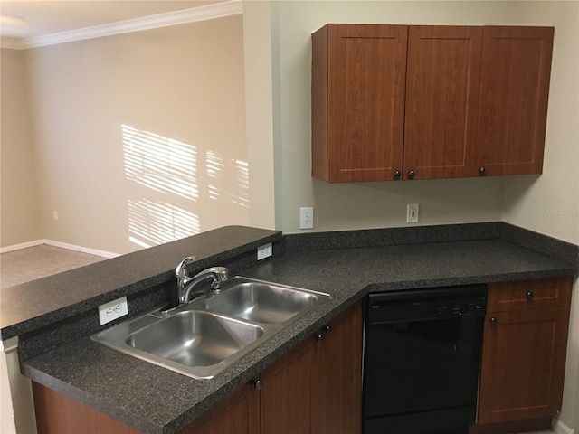 kitchen with dishwasher, crown molding, kitchen peninsula, and sink