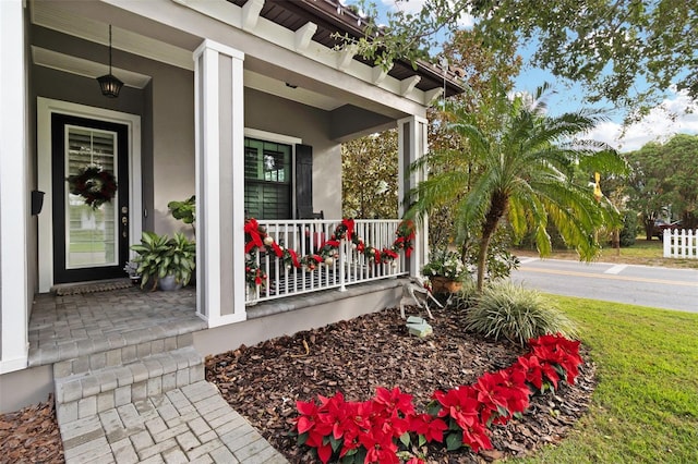 view of exterior entry with covered porch