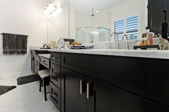 bathroom with ornamental molding, a shower with door, and vanity