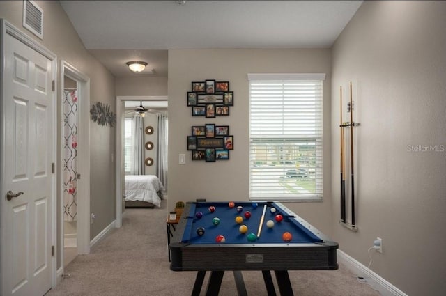 playroom featuring light colored carpet, ceiling fan, and pool table