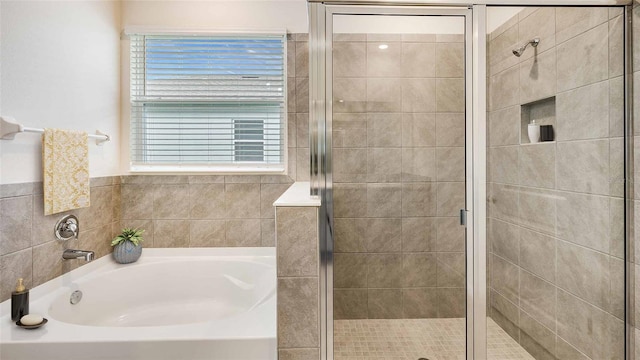 bathroom with a wealth of natural light and shower with separate bathtub