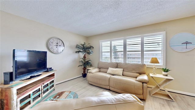 living room with a textured ceiling and light hardwood / wood-style flooring