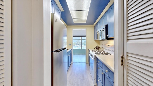 kitchen featuring blue cabinetry, light hardwood / wood-style floors, and appliances with stainless steel finishes