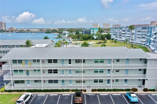 bird's eye view with a water view