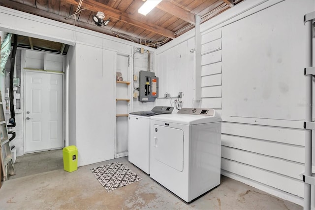 laundry room with electric panel and washer and clothes dryer