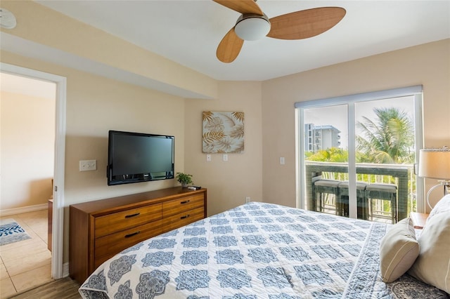 bedroom with access to outside, ceiling fan, and wood-type flooring