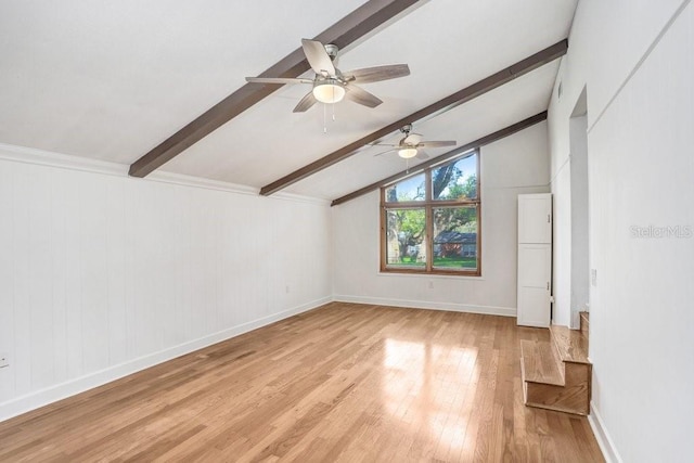 additional living space featuring vaulted ceiling with beams, light hardwood / wood-style floors, and ceiling fan