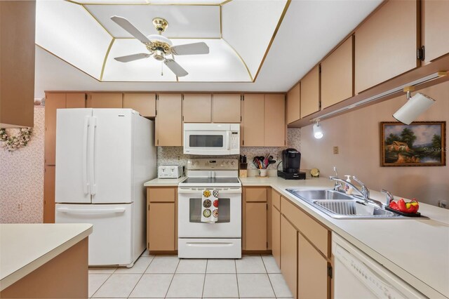 kitchen with white appliances, backsplash, sink, ceiling fan, and light tile patterned floors