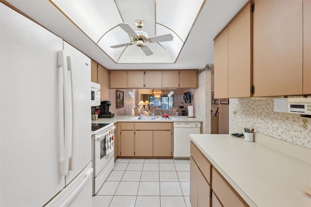 kitchen with white appliances, sink, ceiling fan, decorative backsplash, and light tile patterned floors