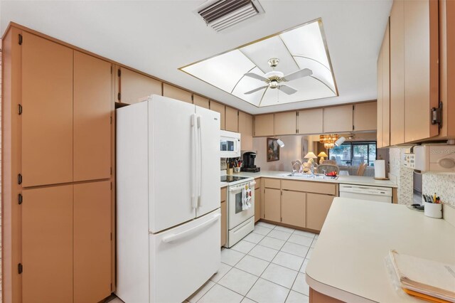 kitchen with decorative backsplash, white appliances, ceiling fan, sink, and light tile patterned floors