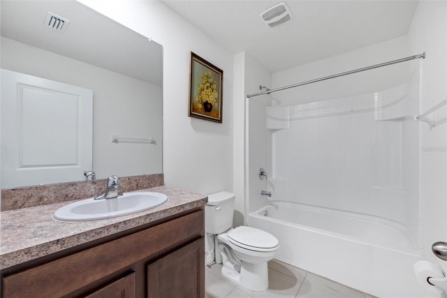 full bathroom featuring tile patterned flooring, vanity, bathtub / shower combination, and toilet