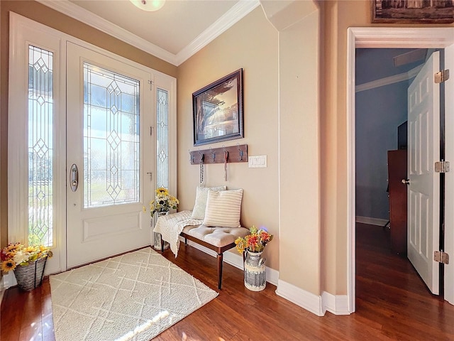 entryway featuring ornamental molding and hardwood / wood-style flooring