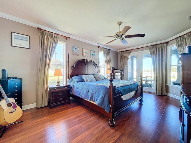 bedroom featuring access to exterior, dark hardwood / wood-style flooring, ceiling fan, and ornamental molding