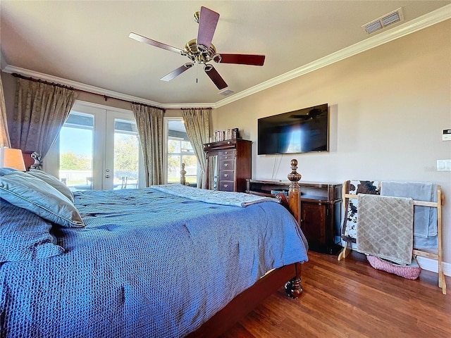 bedroom featuring access to outside, ceiling fan, french doors, and crown molding