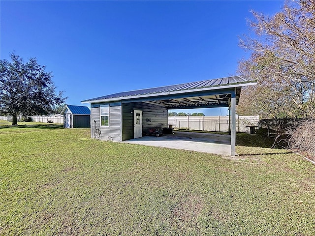 exterior space featuring a shed