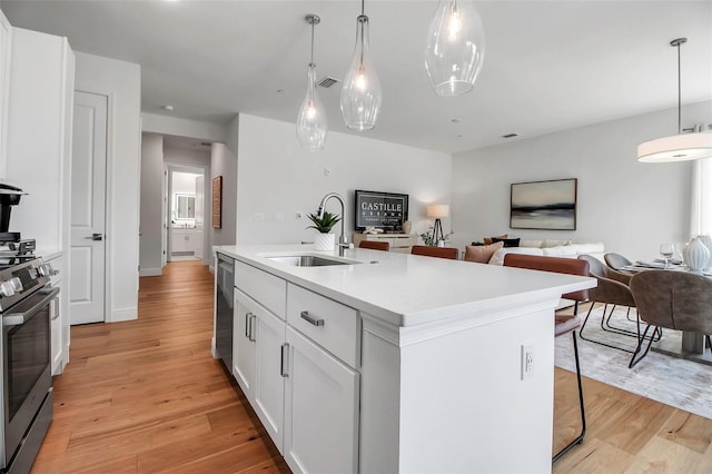 kitchen with stainless steel appliances, light countertops, visible vents, a sink, and open floor plan