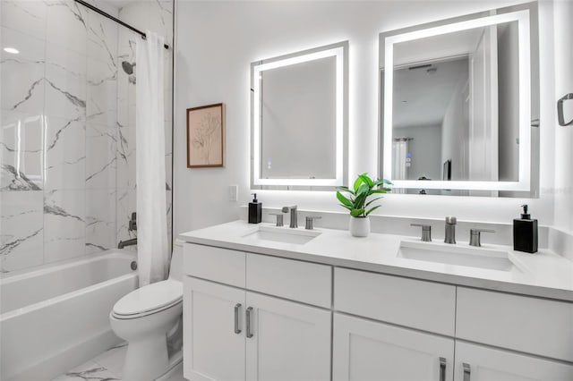 full bath with marble finish floor, toilet, shower / tub combo with curtain, and a sink
