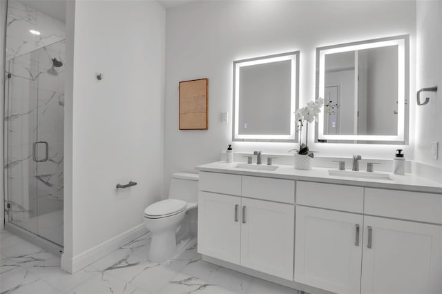bathroom featuring marble finish floor, baseboards, a sink, and a marble finish shower