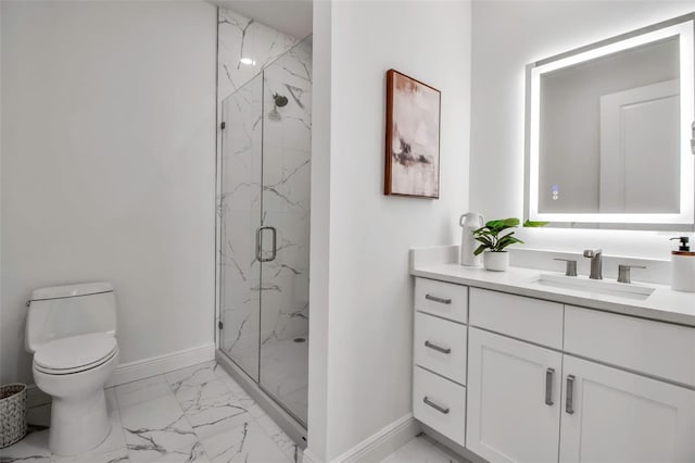 full bath featuring toilet, a marble finish shower, vanity, marble finish floor, and baseboards