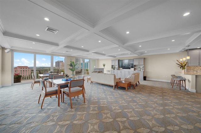 carpeted dining space featuring beamed ceiling, crown molding, and coffered ceiling