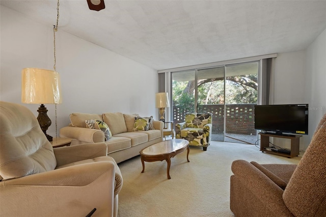 living room with carpet floors, a textured ceiling, and a wall of windows