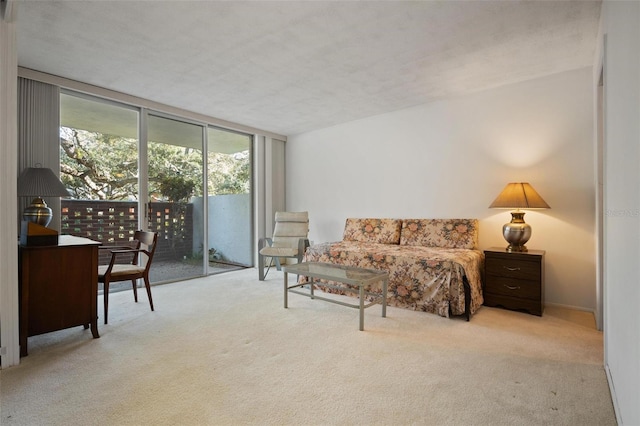 interior space with floor to ceiling windows, light colored carpet, a textured ceiling, and access to exterior