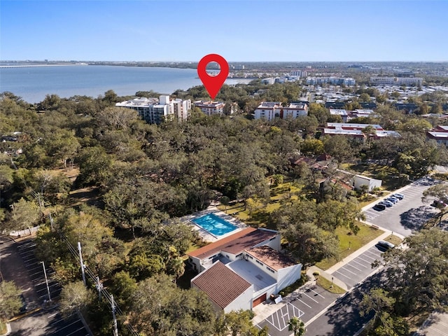 drone / aerial view with a water view