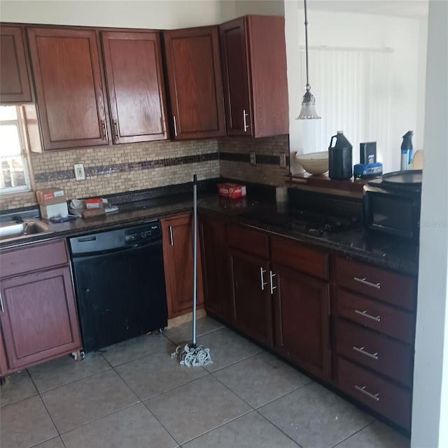 kitchen featuring decorative light fixtures, decorative backsplash, light tile patterned floors, and black dishwasher