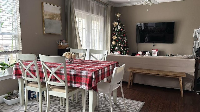 dining space with ceiling fan, hardwood / wood-style flooring, and ornamental molding