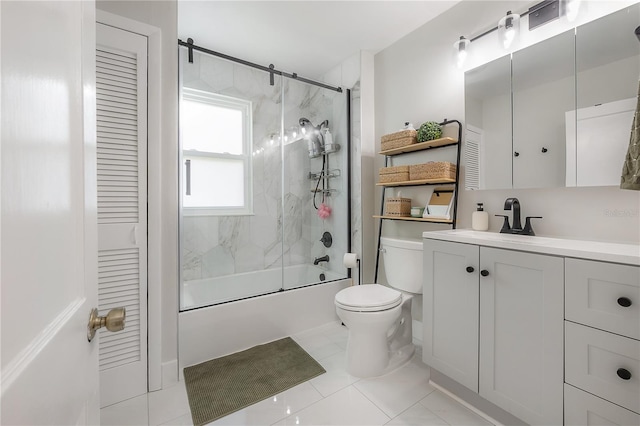 full bathroom featuring toilet, tile patterned flooring, vanity, and enclosed tub / shower combo