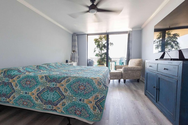 bedroom featuring floor to ceiling windows, light wood-type flooring, ceiling fan, and crown molding