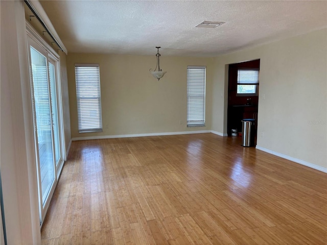 unfurnished room featuring plenty of natural light, a textured ceiling, and light wood-type flooring