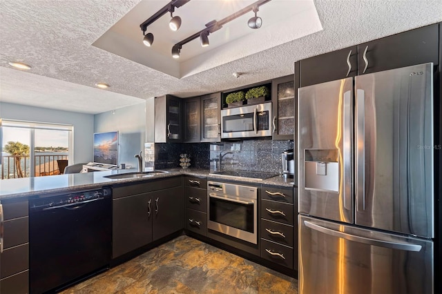 kitchen featuring backsplash, a textured ceiling, a tray ceiling, sink, and black appliances