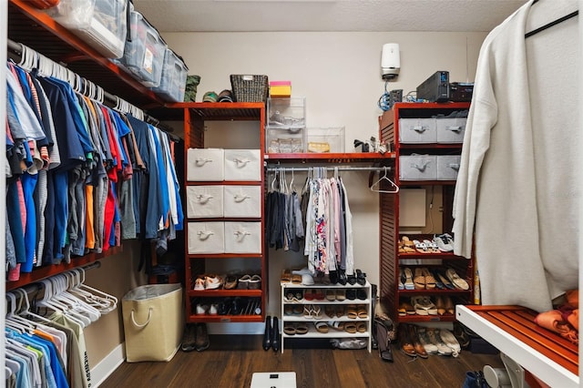 spacious closet with dark hardwood / wood-style flooring