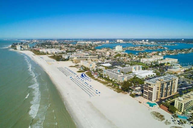 drone / aerial view with a view of the beach and a water view