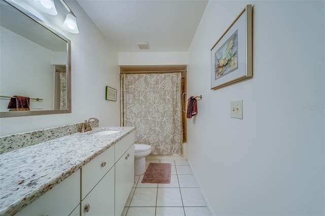 full bathroom with toilet, vanity, tile patterned floors, and shower / bathtub combination with curtain