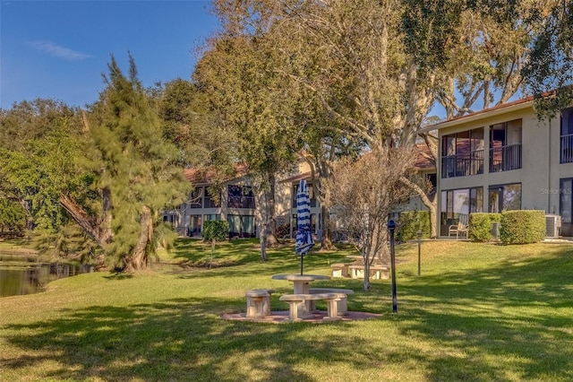 view of property's community featuring a water view and a lawn