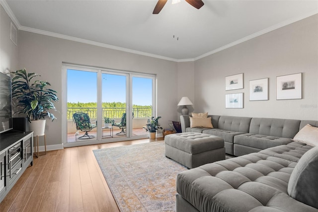 living room with light hardwood / wood-style flooring, ceiling fan, and ornamental molding