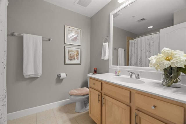 bathroom with tile patterned flooring, vanity, curtained shower, and toilet