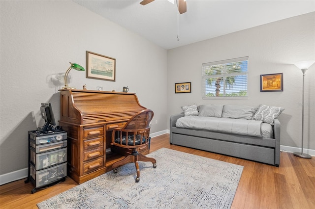 office space with ceiling fan and light hardwood / wood-style flooring