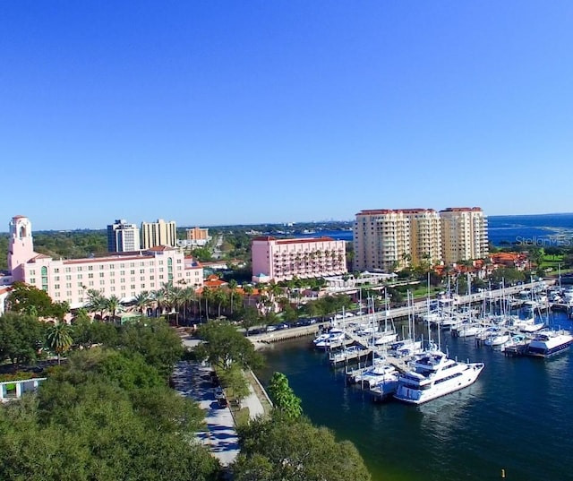 drone / aerial view with a water view