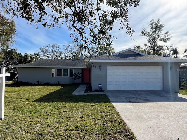 ranch-style house with a front lawn and a garage