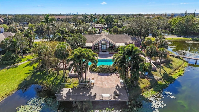 aerial view featuring a water view