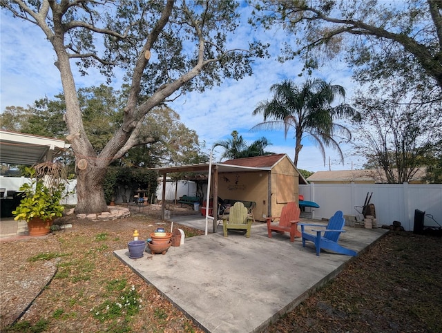 view of yard featuring a patio area and a storage shed