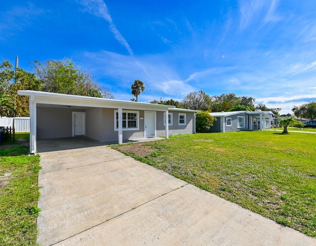 ranch-style home featuring a front yard and a carport