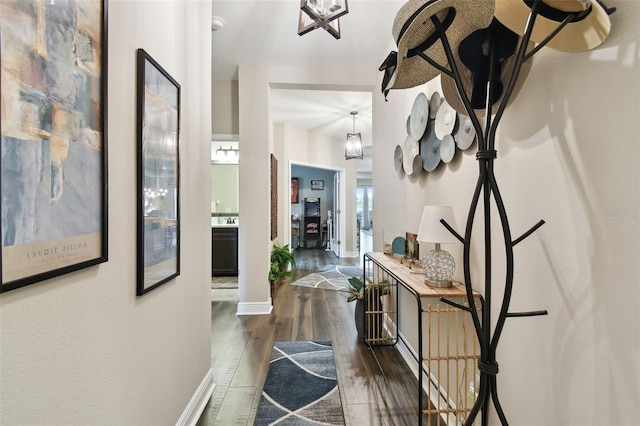 19315 Hawk Valley Dr, Tampa, FL 33647 - hall with dark hardwood / wood-style floors and an inviting chandelier