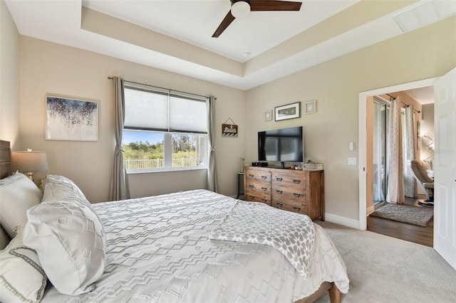 19315 Hawk Valley Dr, Tampa, FL 33647 - carpeted bedroom with a raised ceiling and ceiling fan