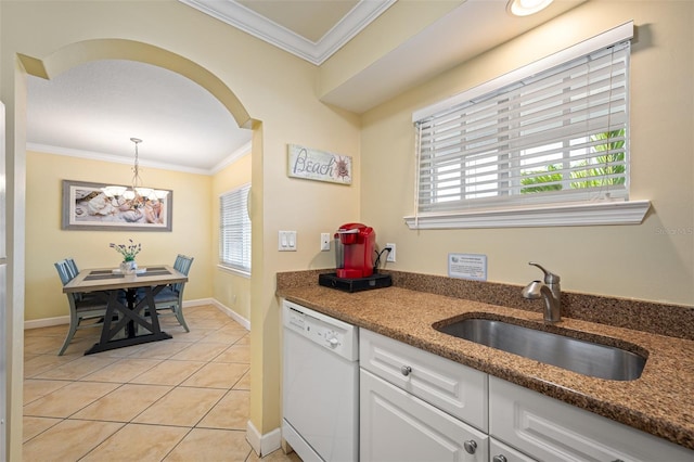 kitchen with white cabinetry, dishwasher, sink, decorative light fixtures, and light tile patterned flooring